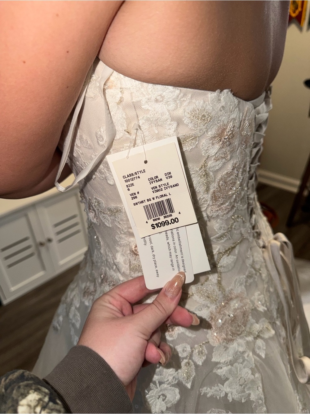 David's Bridal Ivory Strapless Lace Appliqué A-Line Wedding Gown - Picture 3 of 13